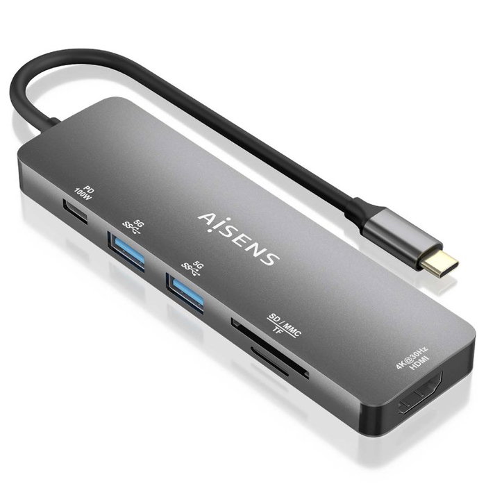 Aisens USB-C Dock 6 en 1 ASUC-6P016-GR Gris con HDMI 4K y PD 100W